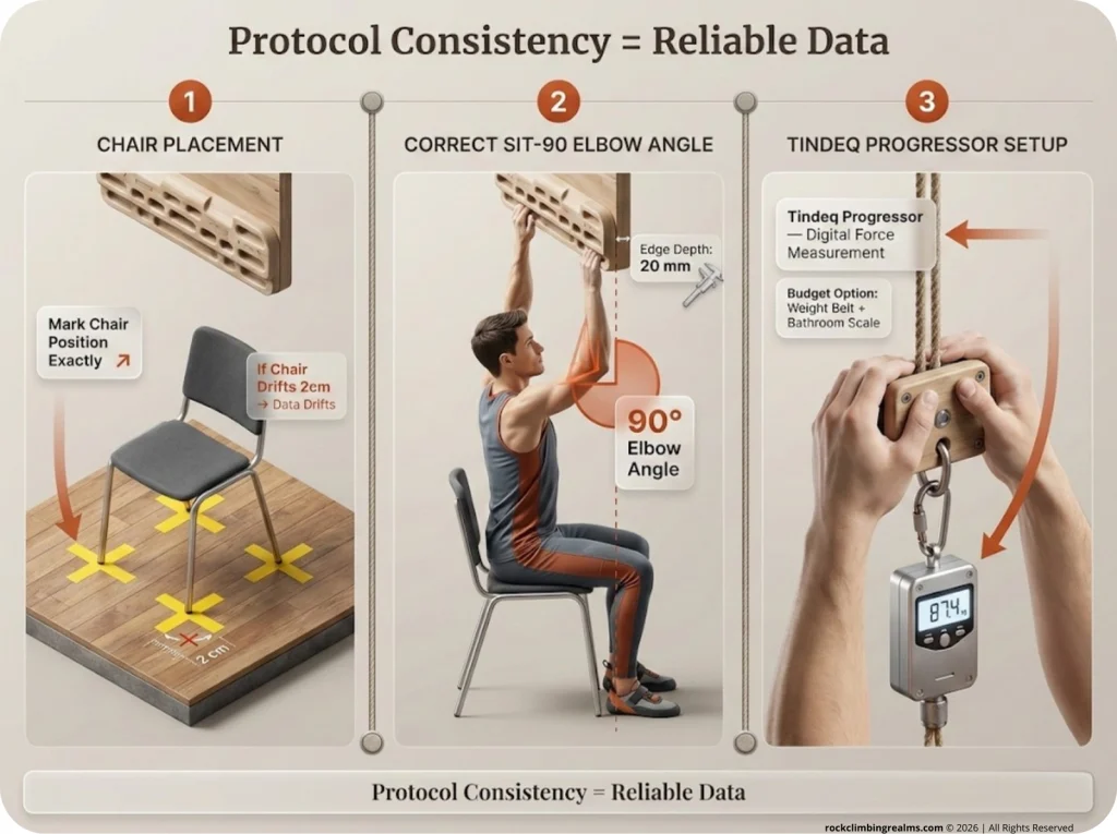 3-panel infographic showing Sit-90 hangboard testing setup: floor tape markings, correct 90° elbow angle, and Tindeq Progressor attached to tension block, with dimension callouts.