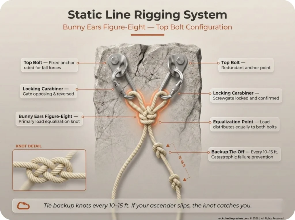 Annotated rigging diagram showing a static line anchored to top bolts using a bunny ears figure-eight knot with labeled components including static rope, locking carabiners, equalization point, and backup tie-off point.
