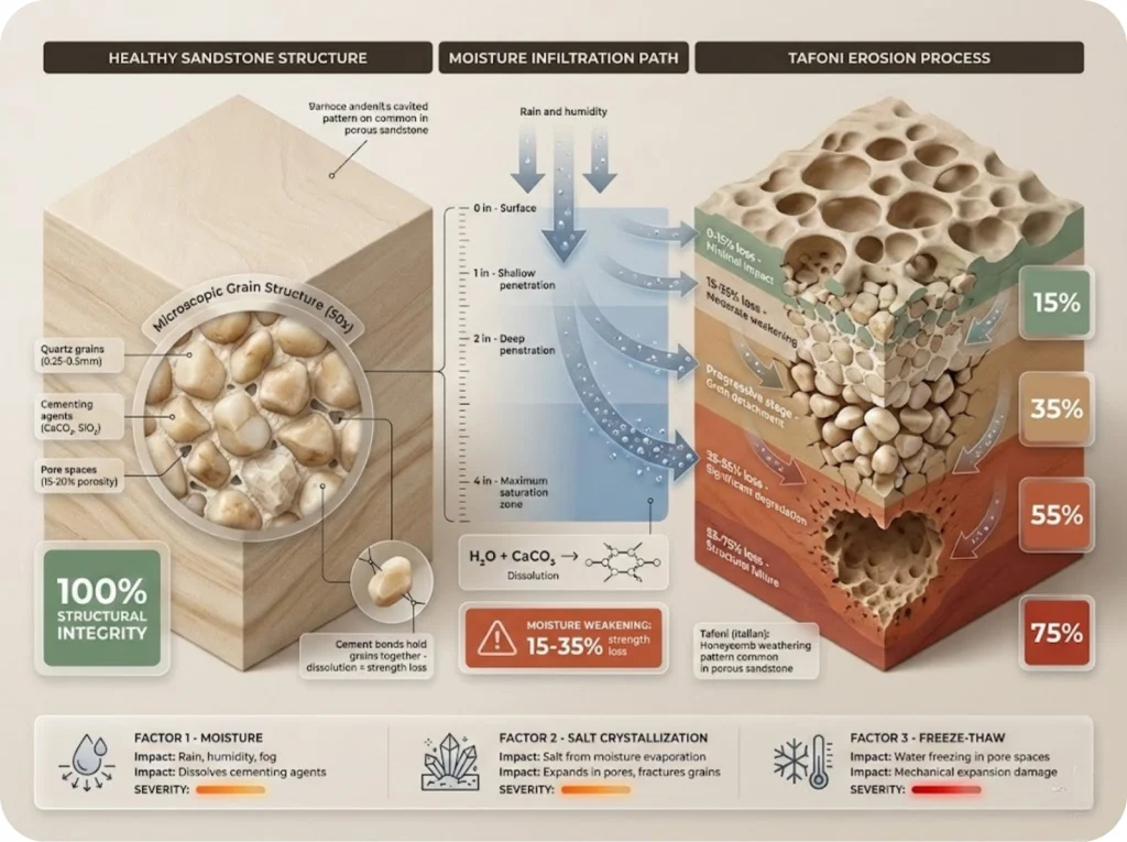 Cross-section diagram of Vaqueros sandstone showing grain structure, cementing agents, tafoni erosion process, and moisture infiltration with strength-loss percentages.