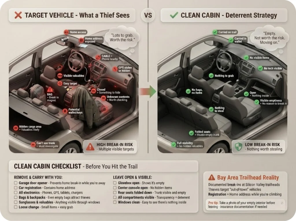 Split-image comparison showing what a thief sees versus clean cabin strategy with visible items, open compartments, and labeled deterrent strategies for trailhead parking.