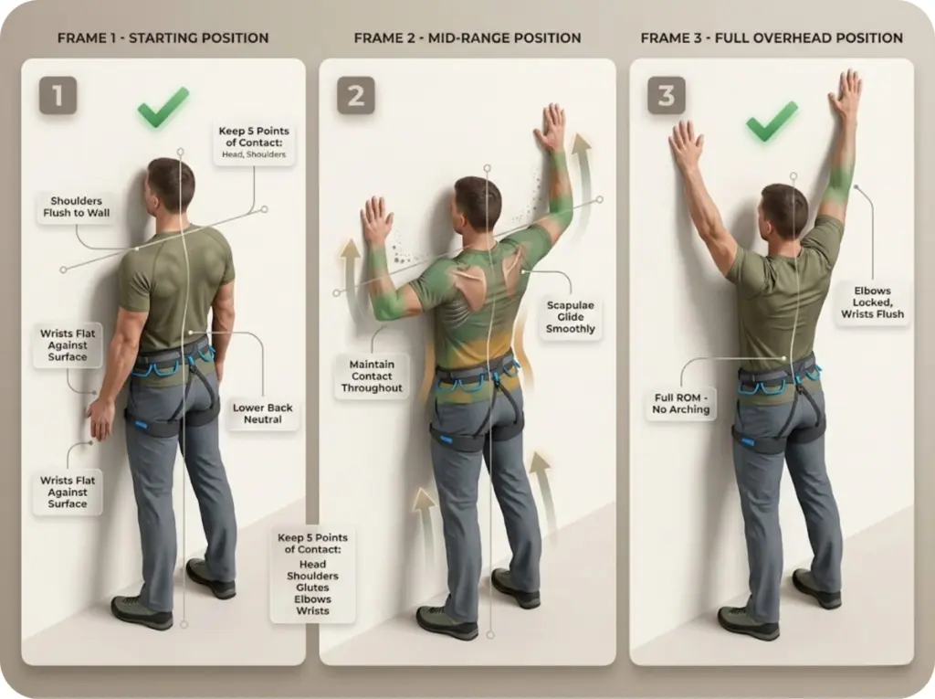 Three-frame instructional sequence demonstrating Wall Angels exercise for climbers, showing starting position through full range of motion with posture cue overlays for shoulders and wrists.