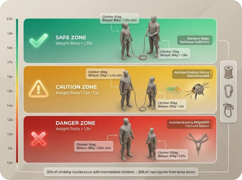 Climbing safety infographic showing three color-coded weight ratio zones between climber and belayer: green safe zone under 1.33x, yellow caution zone 1.33x-1.5x, and red danger zone above 1.5x with example weight combinations.
