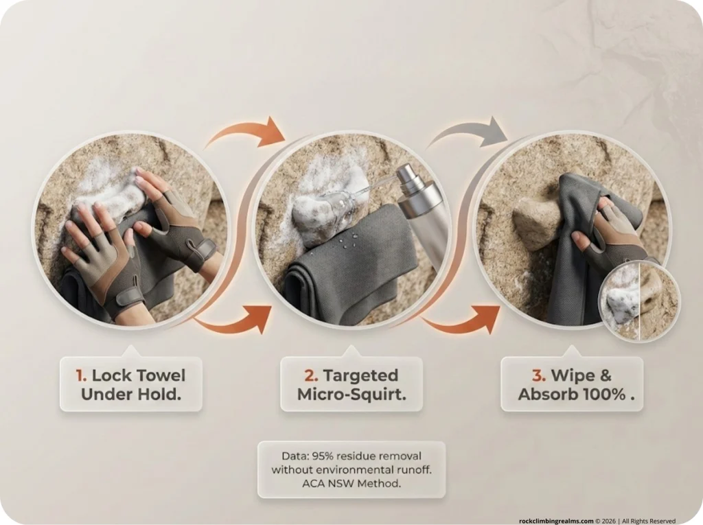 A 3-step technical infographic demonstrating the zero-runoff chalk cleanup method, showing towel placement, targeted water application, and a before-and-after of a cleaned hold.