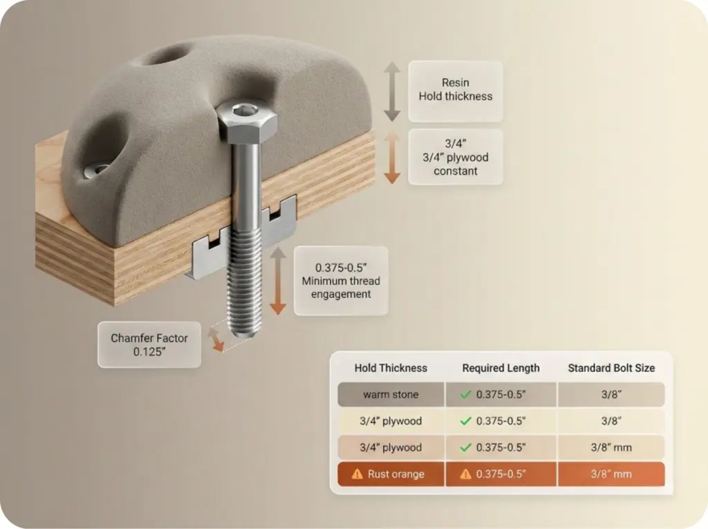 Technical cross-section diagram showing how to calculate proper bolt length for climbing wall holds, including hold thickness, plywood, T-nut engagement, and chamfer factor with selection chart.