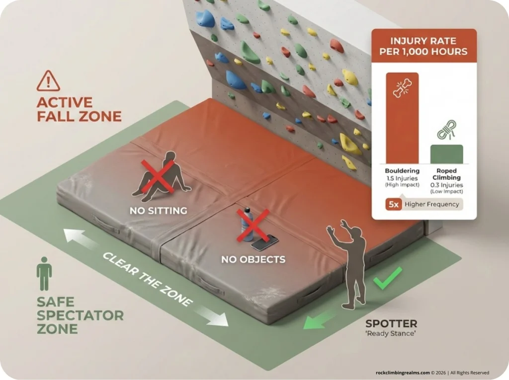 Bouldering safety diagram illustrating correct fall zones, safe spectator standing positions, prohibited objects on mats, and injury rate statistics compared to roped climbing.