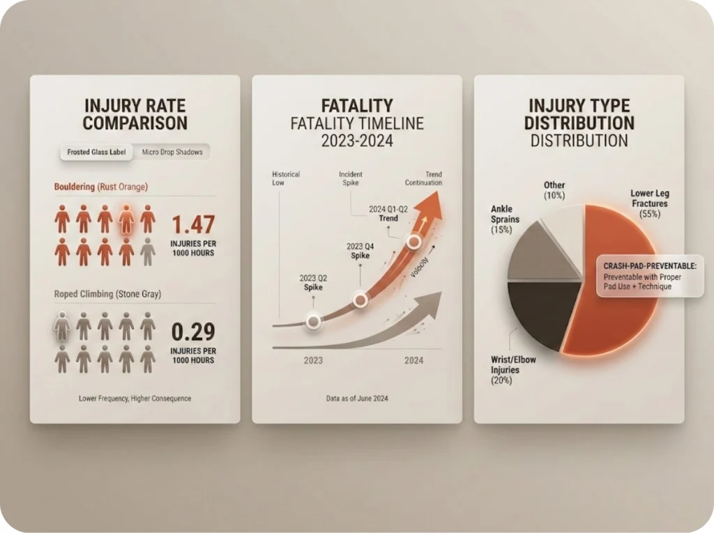 Data visualization comparing bouldering vs roped climbing injury rates with icon array, 2023-2024 fatality timeline, and pie chart of injury types highlighting crash-pad-preventable injuries.
