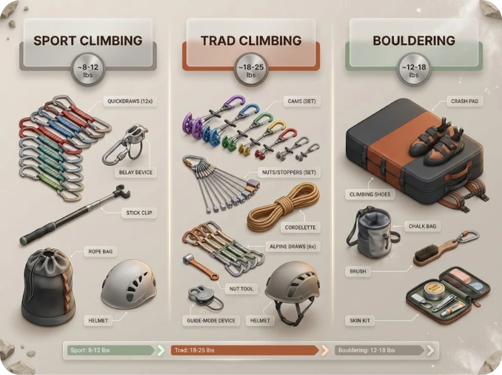 Three-column climbing gear comparison showing complete equipment layouts for sport climbing, trad climbing, and bouldering with estimated total weights for each discipline.