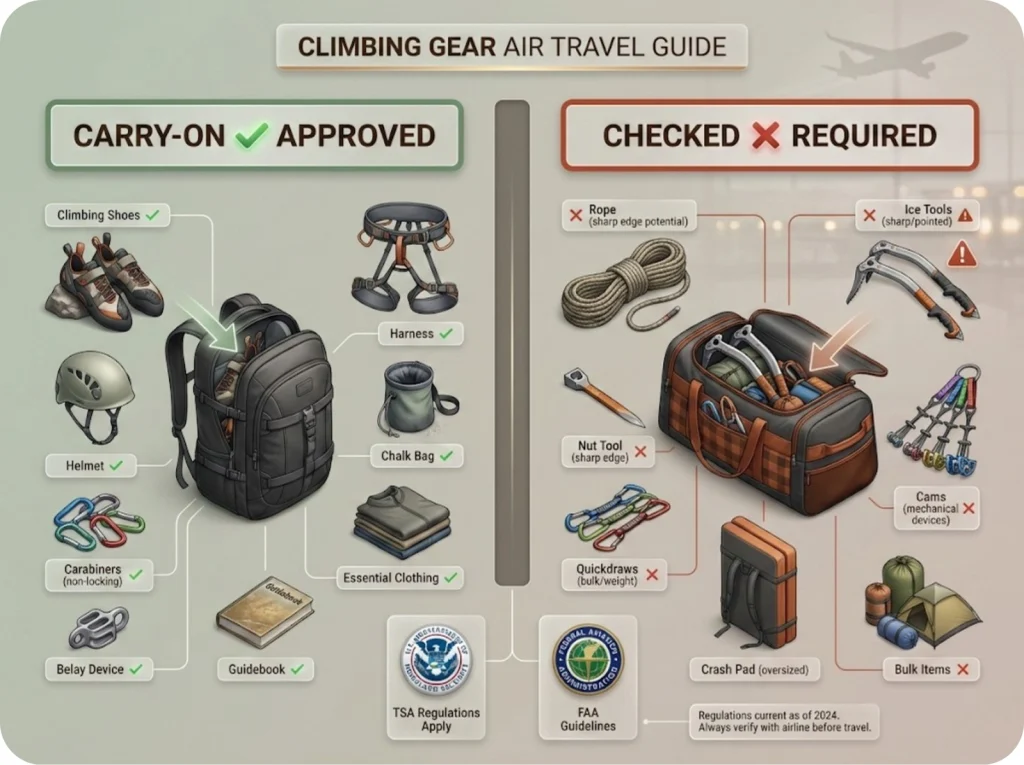 Split-screen climbing gear packing diagram showing TSA-approved carry-on items versus required checked baggage items with color-coded green and red zones and official TSA/FAA logos.