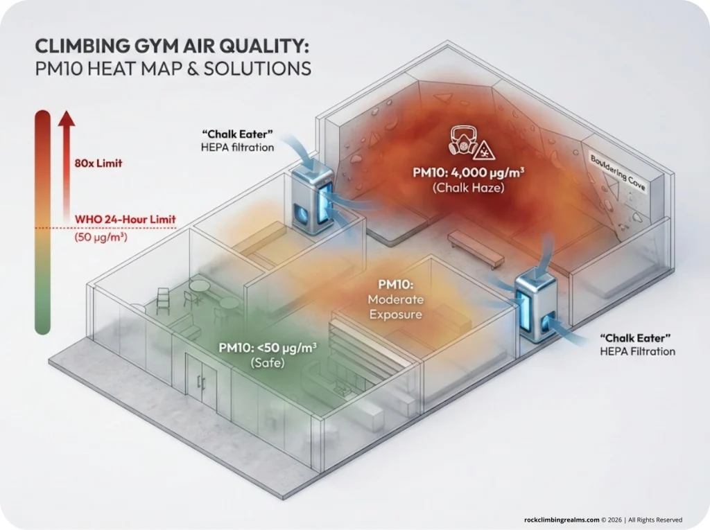 Air quality heat map diagram of a climbing gym floor plan showing PM10 concentration zones, with the bouldering cave in red, transition areas in yellow, and the lobby in green, compared to WHO limits.