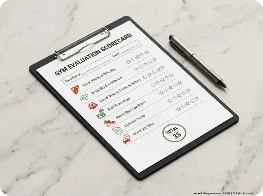 Printable climbing gym evaluation scorecard with 7 criteria (routes, air, crowds, staff, gear, terms, travel), 5-star rating scales, and total score section, styled as a premium clipboard checklist.