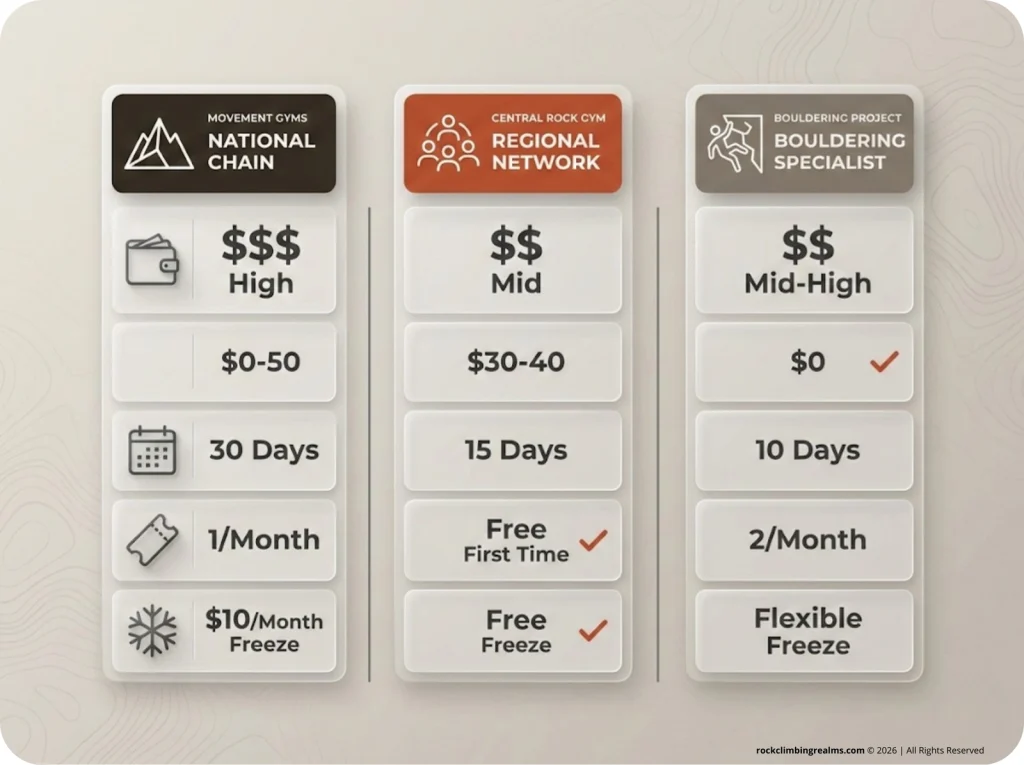 Consumer comparison table of Movement Gyms, Central Rock Gym, and Bouldering Project memberships showing monthly costs, initiation fees, cancellation policies, and guest pass benefits.