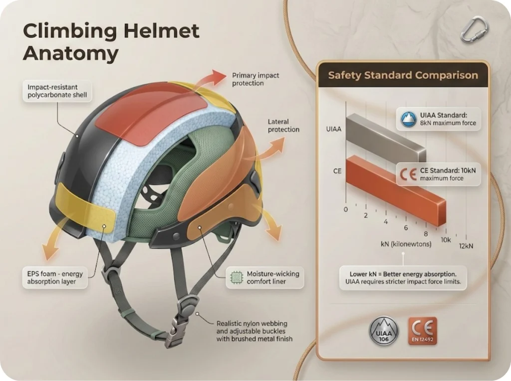 Climbing helmet anatomy infographic showing EPS foam construction, shell layers, UIAA 106 impact zones, and comparison of UIAA vs CE force ratings with bar graph.