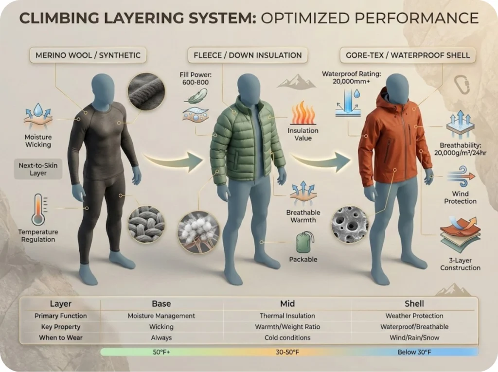 Climbing layering system diagram showing three figures with base layer, mid layer, and shell layer, annotated with fabric properties including wicking, insulation fill power, and waterproof ratings.