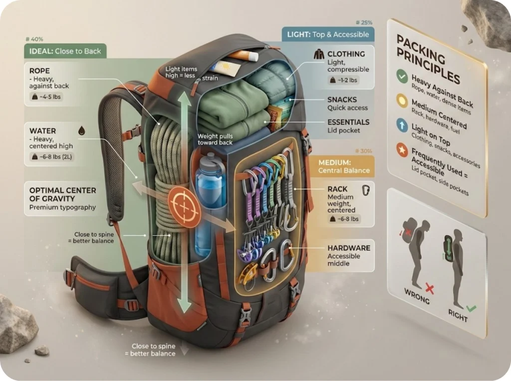 Cross-section illustration of a loaded 40L climbing pack showing ideal weight distribution with heavy items against the back, rack in middle, and light items in top pocket with center of gravity arrows.
