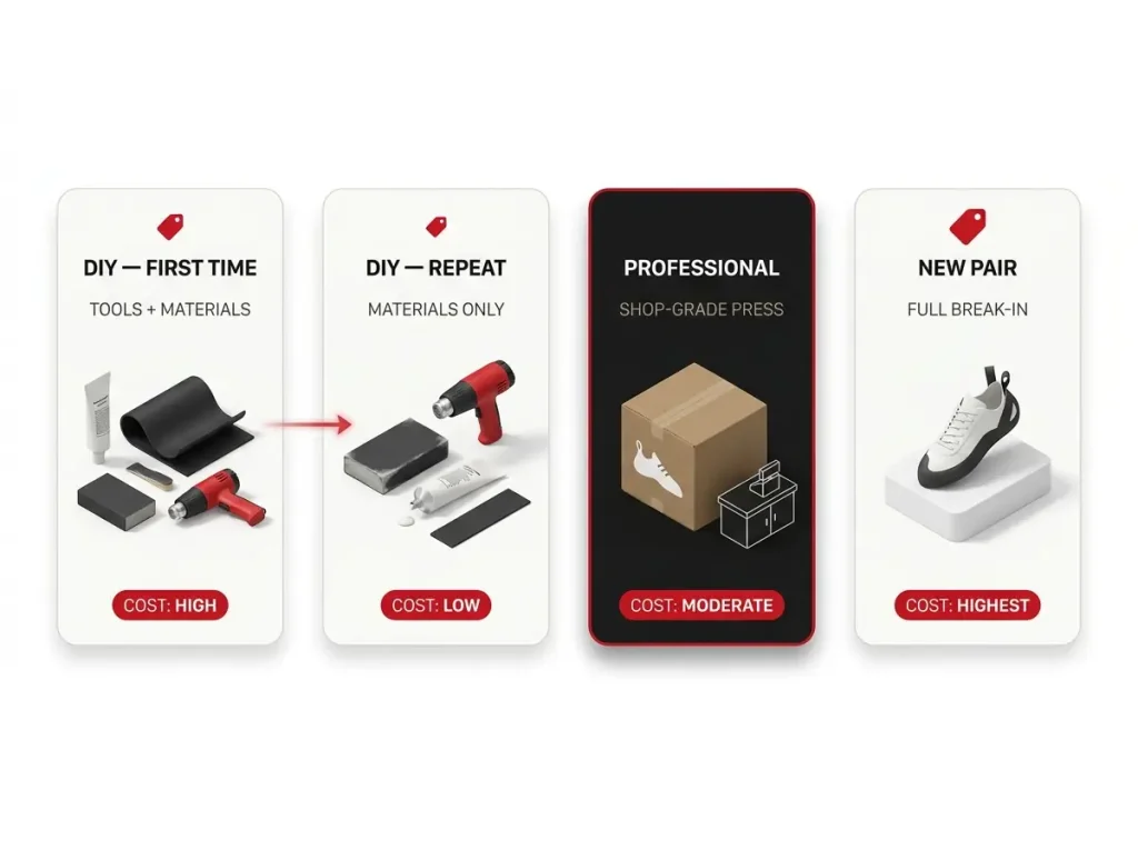 Infographic comparing DIY first-time, DIY repeat, professional resole, and new shoes cost, payoff, and risk