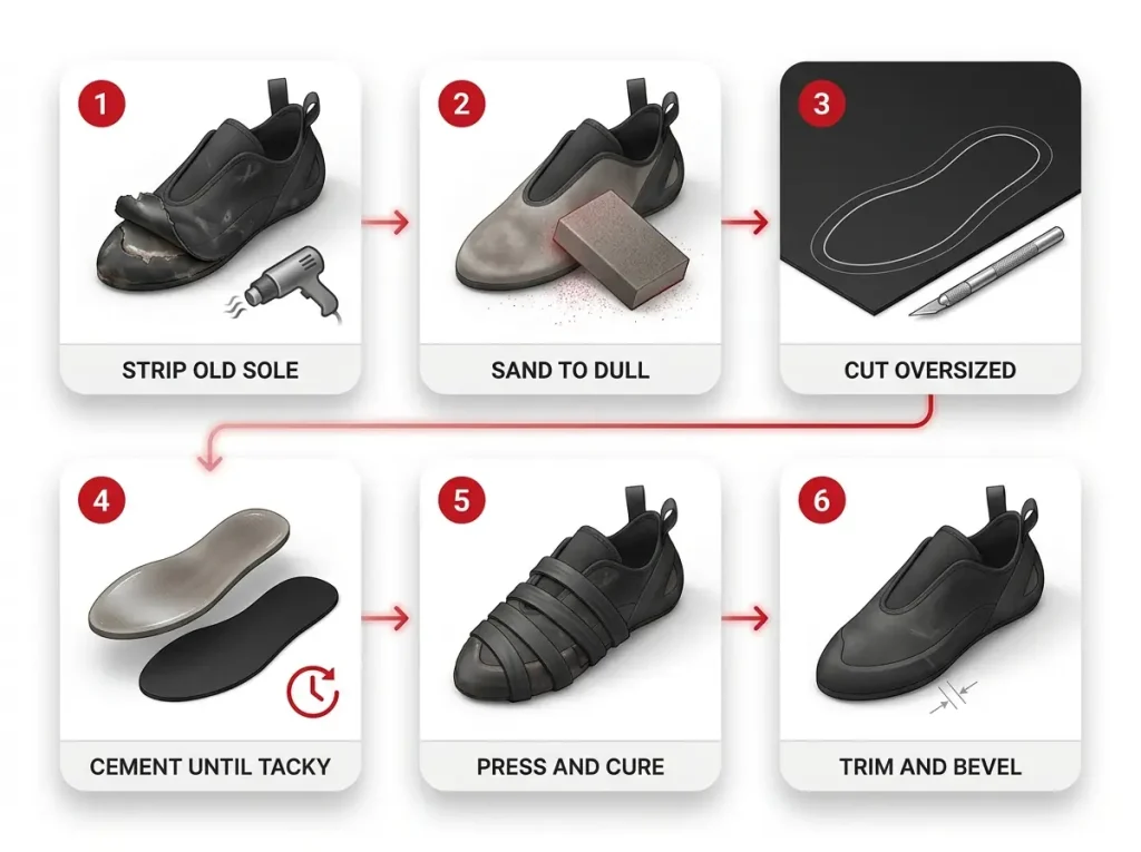 Infographic showing six-step climbing shoe resole process from stripping to bevel with captioned timing tips