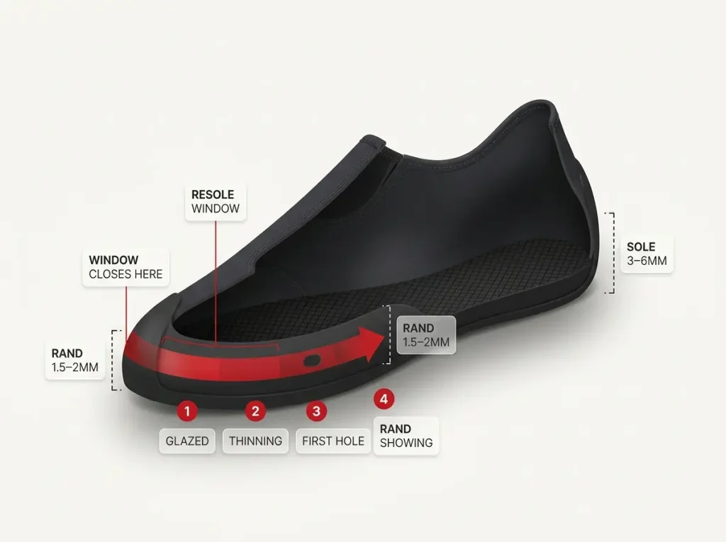 Diagram showing climbing shoe sole vs rand thickness with labeled resole window stages and wear zones