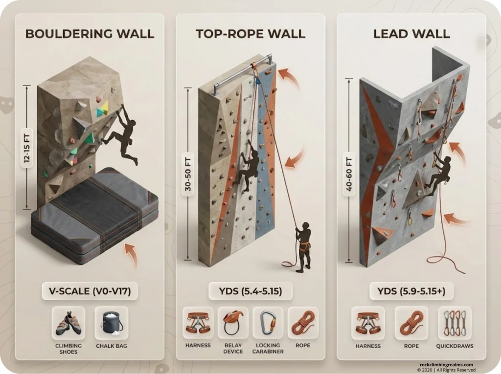 Side-by-side climbing wall comparison infographic showing Bouldering (12-15 ft), Top-Rope (30-50 ft), and Lead (40-60 ft) walls with height scales, grade systems, and required gear.