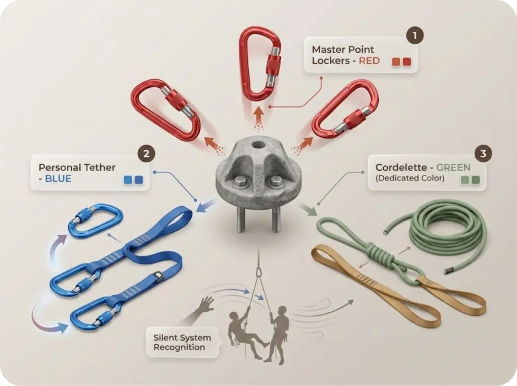 Exploded view climbing anchor kit infographic showing color-coded organization system with red master point lockers, blue personal tether components, and dedicated cordelette for instant partner recognition.