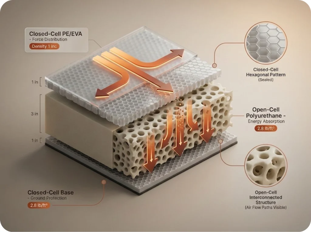 Cross-section diagram of crash pad foam layers showing closed-cell top, open-cell center, and closed-cell base with force distribution and energy absorption zones.