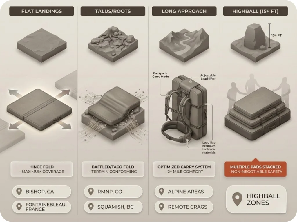 Decision matrix showing four terrain types matched to recommended crash pad types with climbing destination examples and pad fold style icons.