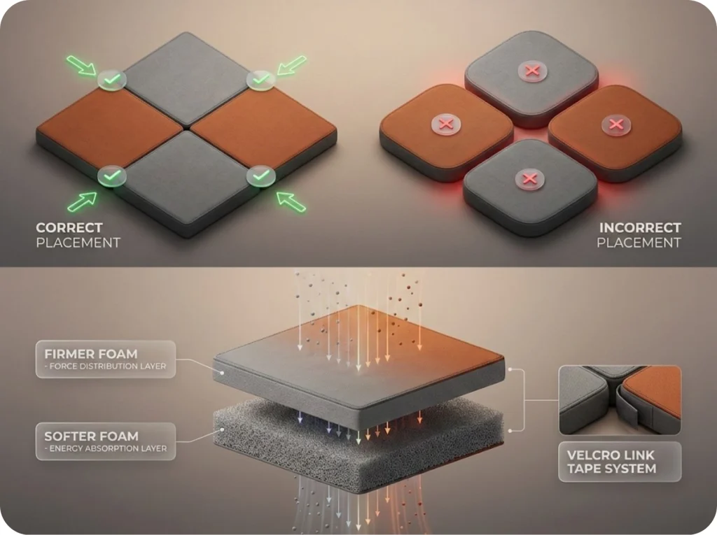 Bird's-eye view diagram showing crash pad Tetris tiling method with square corners butted tight, gap indicators, and hard-on-soft stacking order in exploded side view.