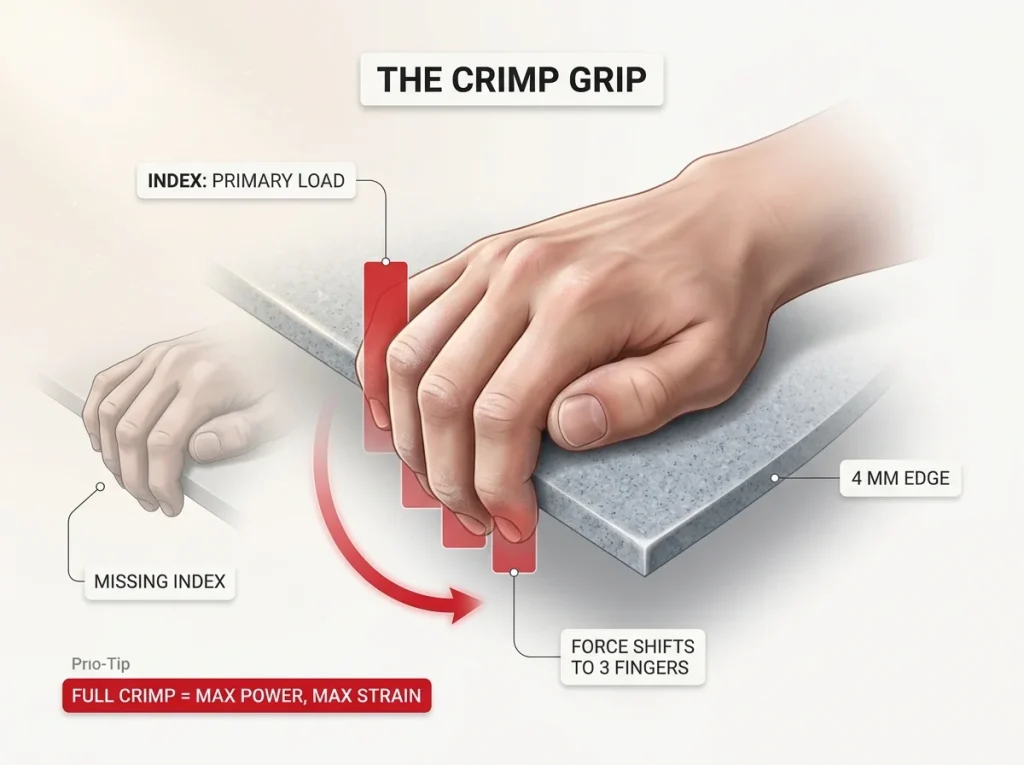Anatomy diagram of a climber's crimp grip showing index finger load on a 4mm edge and four-finger force redistribution
