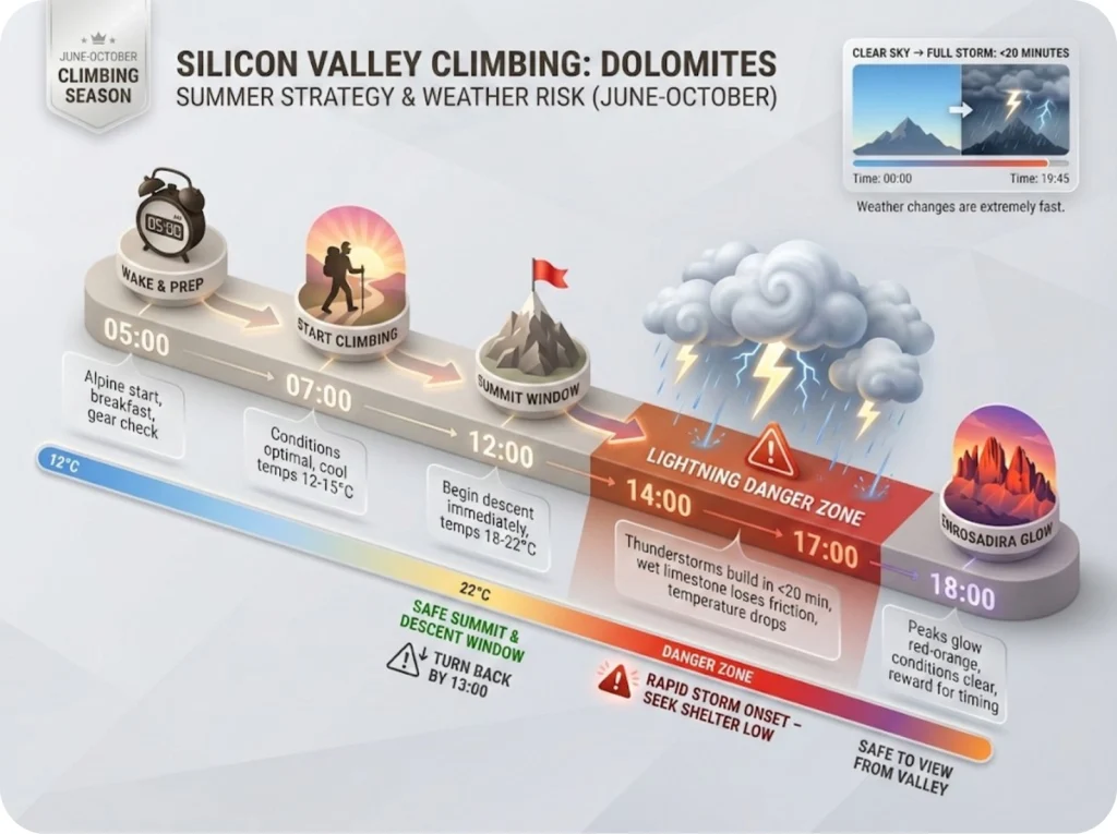 Timeline showing the Dolomite climbing day protocol from 05:00 wake-up to 18:00 Enrosadira, with lightning danger zone highlighted between 14:00-17:00 and weather conditions.