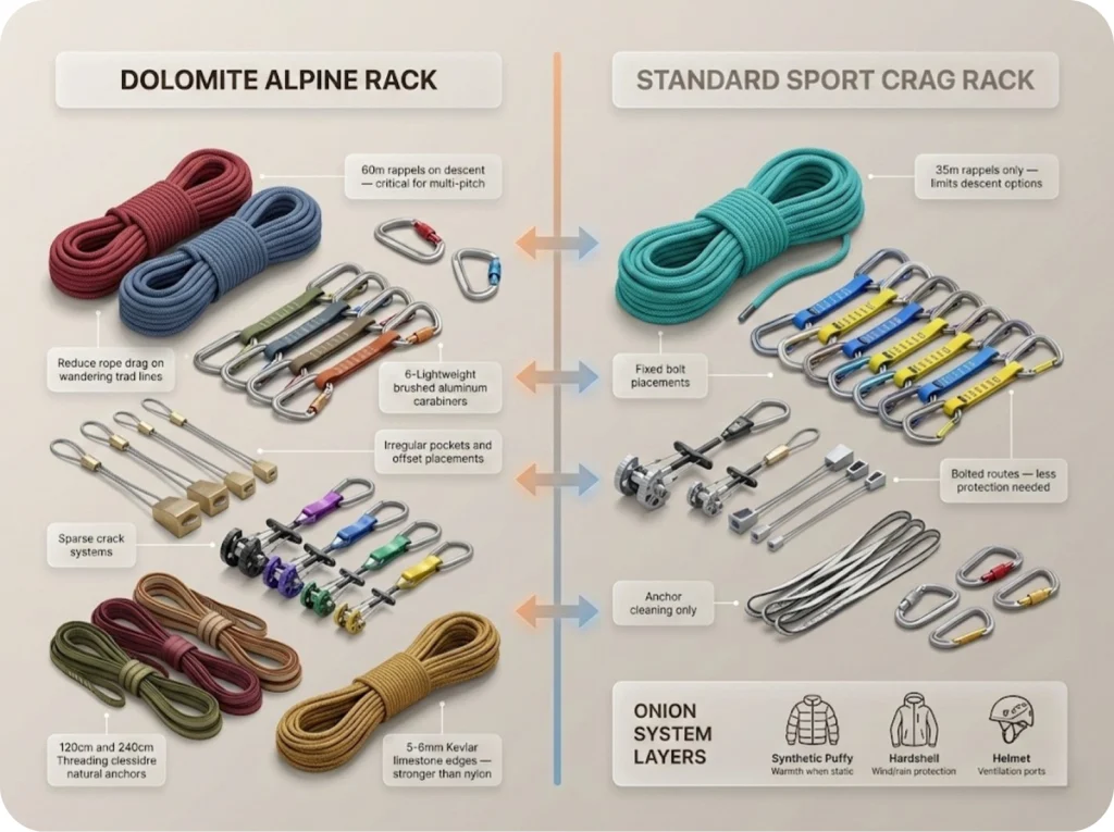 Side-by-side comparison of Dolomite alpine rack versus standard sport crag rack, showing offset nuts, half ropes, alpine draws, and Dolomite-specific gear with explanatory labels.