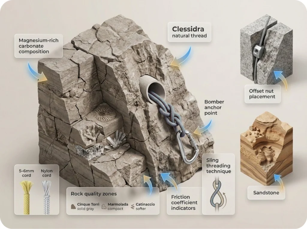 Cross-section diagram of dolomite rock showing clessidre natural threads, crack systems with protection placements, and comparison to granite structures.