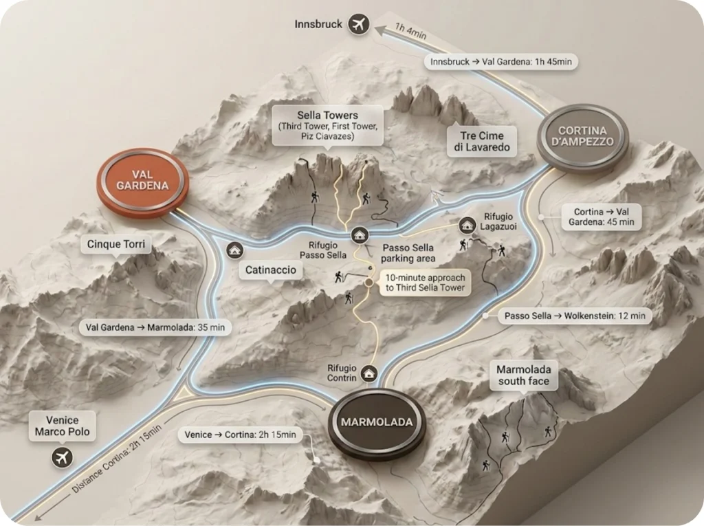 Annotated map of the Dolomites showing three main climbing hubs (Cortina, Val Gardena, Marmolada) with key peaks, approach roads, airports, and rifugi locations with driving times.