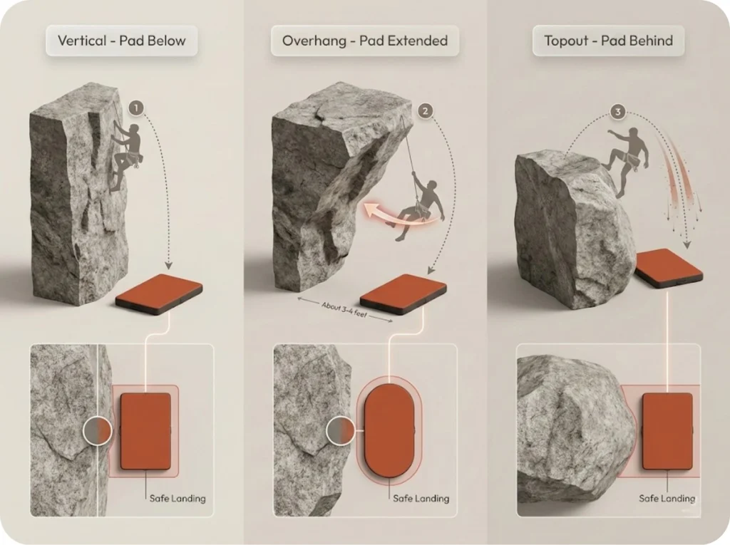 Top-down and side-view diagrams showing three climbing fall trajectory types with crash pad placement zones for vertical, overhang, and topout falls.