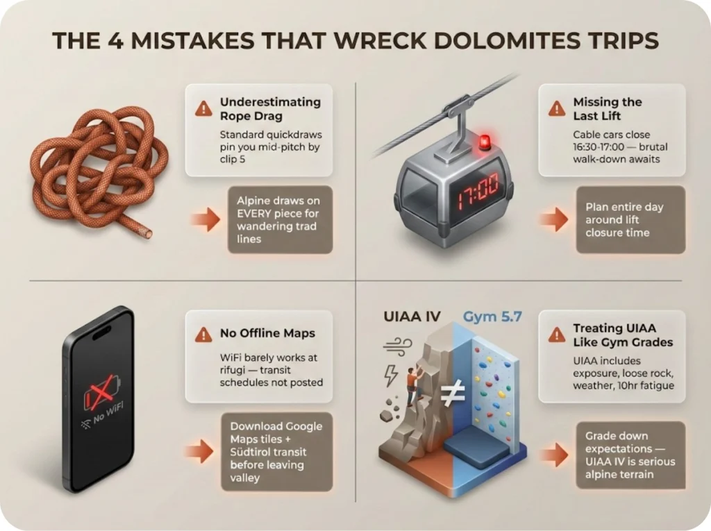 Visual grid showing the four common mistakes that ruin Dolomites climbing trips with icons, descriptions, and solutions for each error.