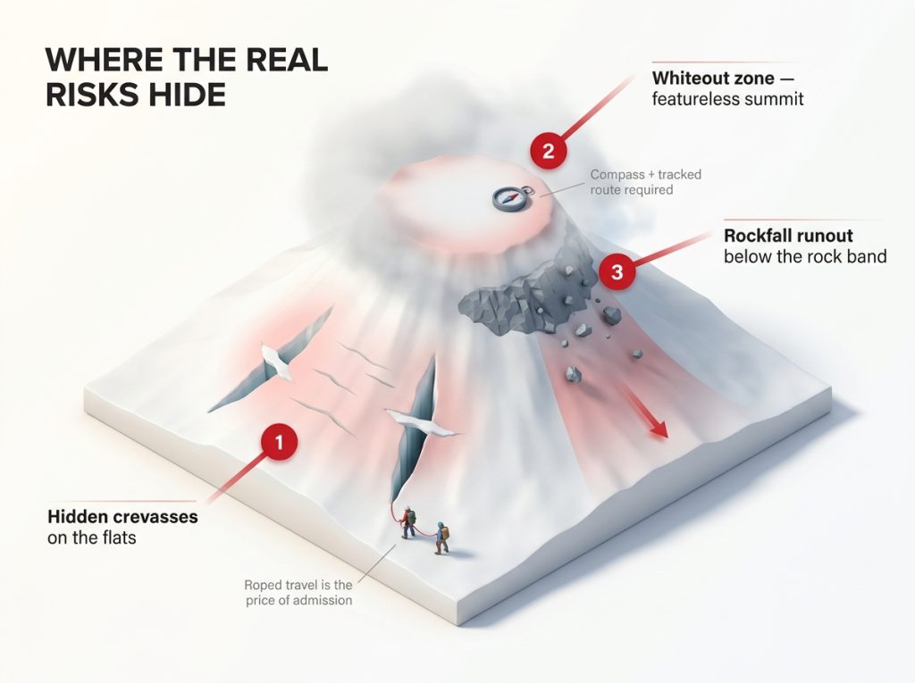 Annotated hazard diagram of a non-technical glaciated volcano showing hidden crevasses, whiteout summit zone and rockfall runout risks