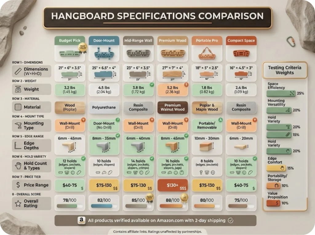 Comprehensive hangboard specifications comparison table showing 6 products with dimensions, weight, material, mounting type, edge range, price tier, and overall ratings side by side.