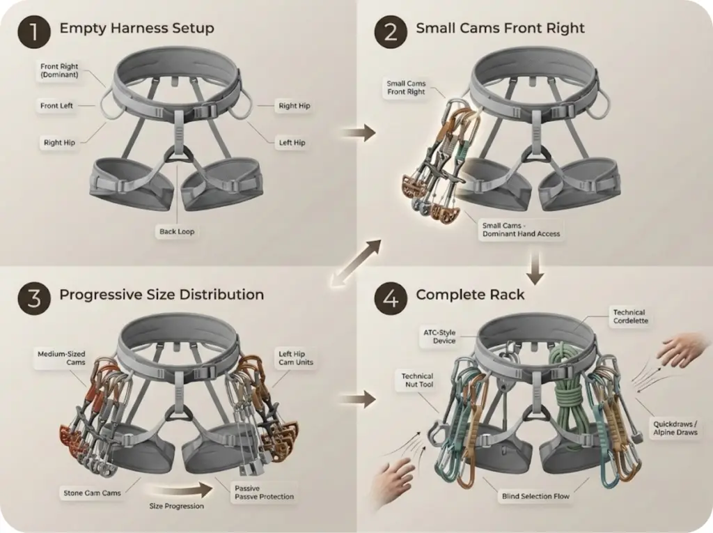 Four-step climbing harness racking protocol infographic showing progressive gear placement from empty harness to complete rack with small cams, large cams, nuts, and anchor material.