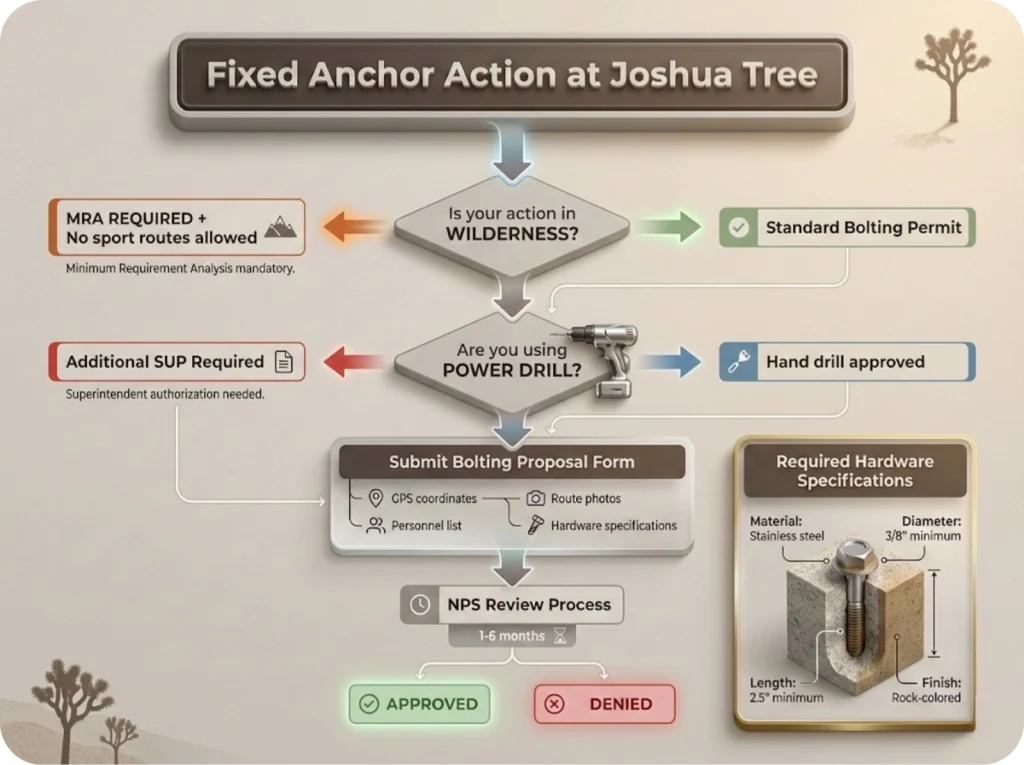 Joshua Tree bolting permit decision flowchart showing wilderness requirements, power drill regulations, application process, and required hardware specifications for fixed anchor placement.