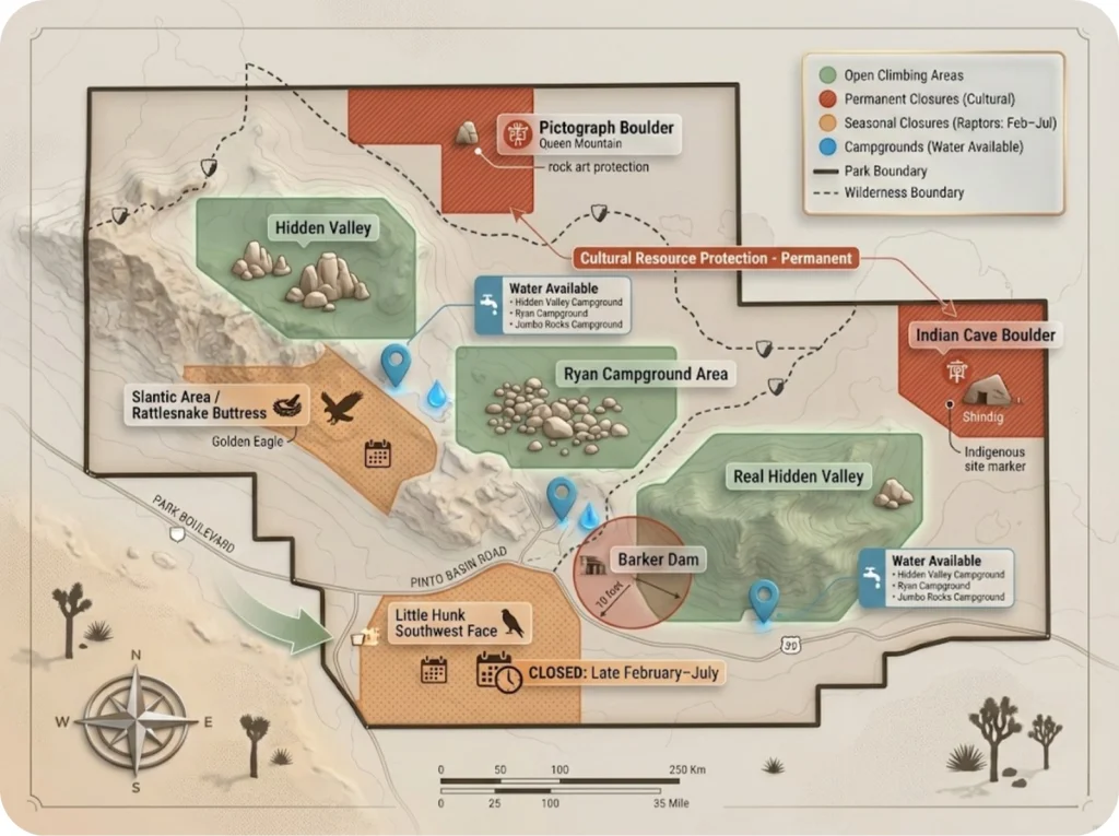 Joshua Tree National Park climbing area map showing open zones, permanently closed areas for cultural protection, seasonal raptor closures, and campground locations with color-coded overlays.