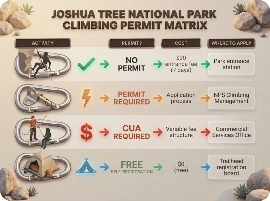 Joshua Tree climbing permit decision matrix showing which activities require permits, costs, and application locations for recreational climbers, bolt developers, guides, and backcountry campers.