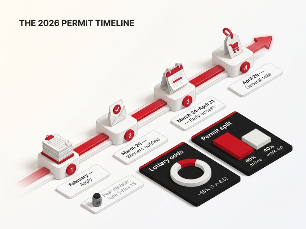 2026 Boston Basin permit timeline from application to general sale with 15 percent lottery odds and 60/40 reservable-walkup split