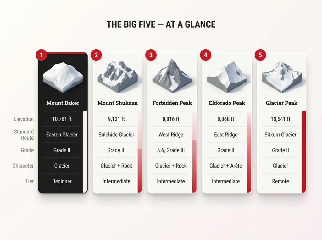 Comparison infographic of North Cascades Big Five peaks showing elevation, route, grade, glacier-vs-rock character and difficulty tier