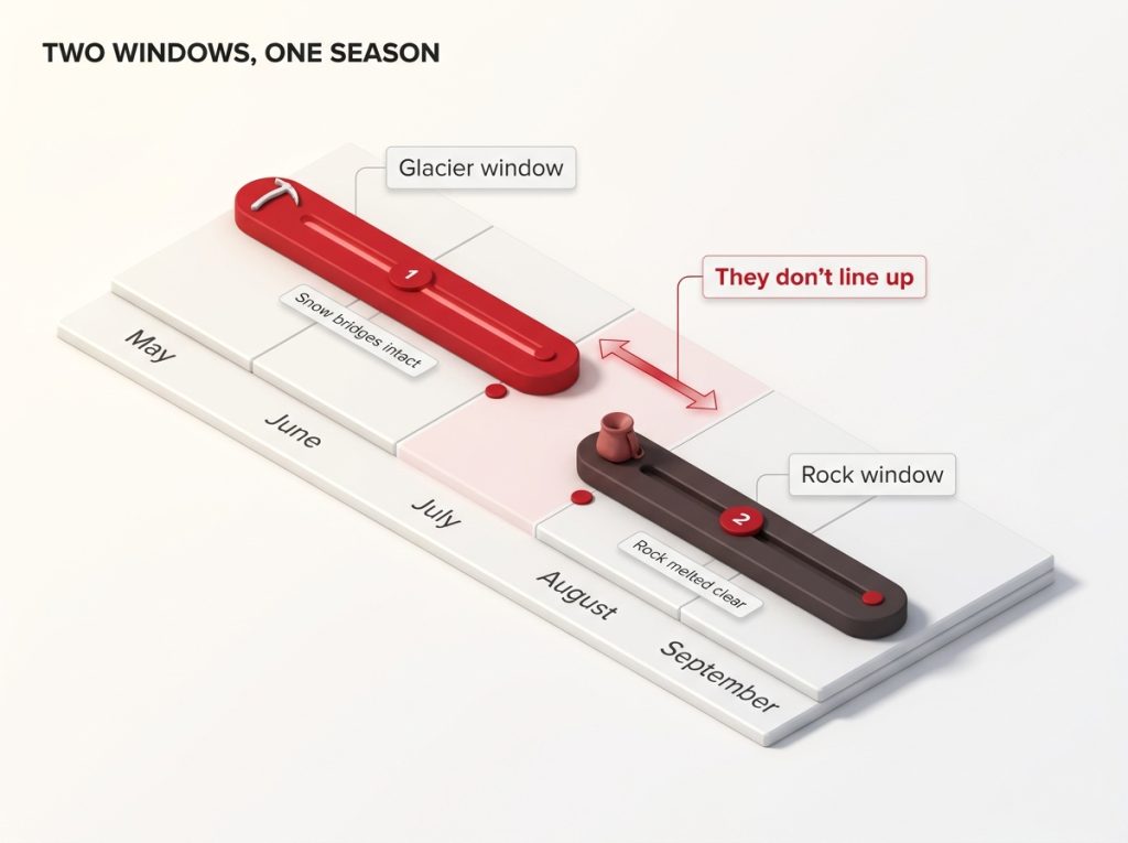 Season-window calendar May to September showing glacier window vs rock window as two color bars with the mismatch gap between them