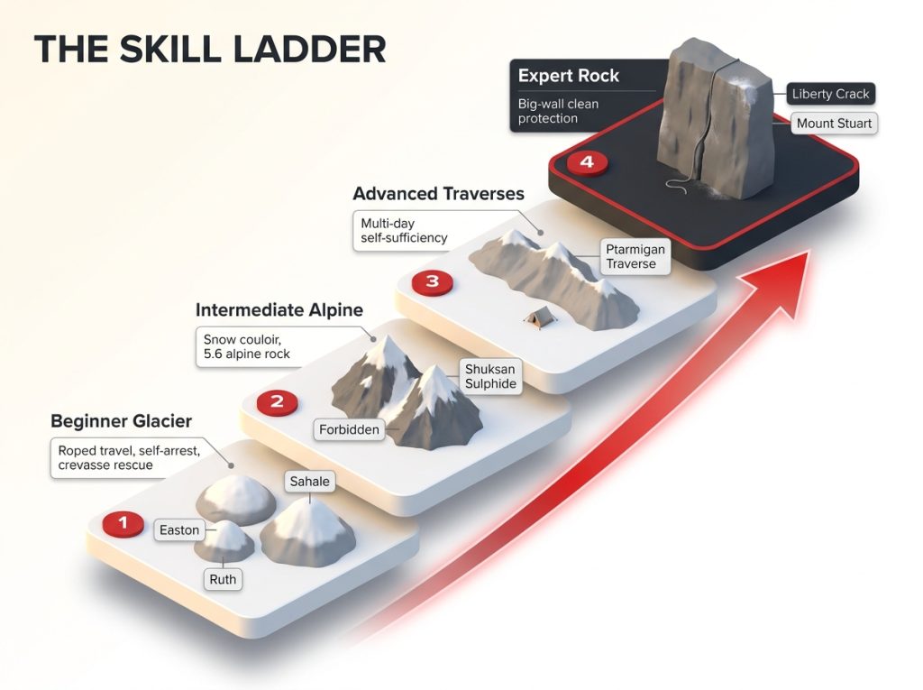 Skill-tier ladder diagram mapping North Cascades objectives from beginner glacier to expert rock with prerequisite skills at each level