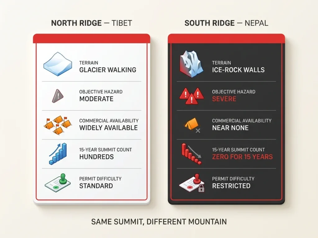 Comparison chart of Cho Oyu's Tibet North Ridge vs Nepal South Ridge across terrain, hazard, availability, and permits