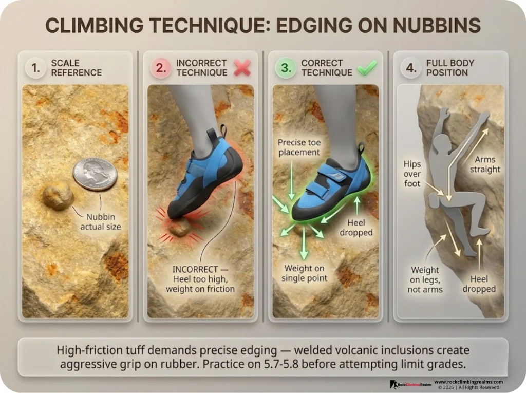 Four-panel instructional sequence showing proper nubbin footwork technique on Smith Rock tuff, from scale reference to correct body positioning with weight on legs.