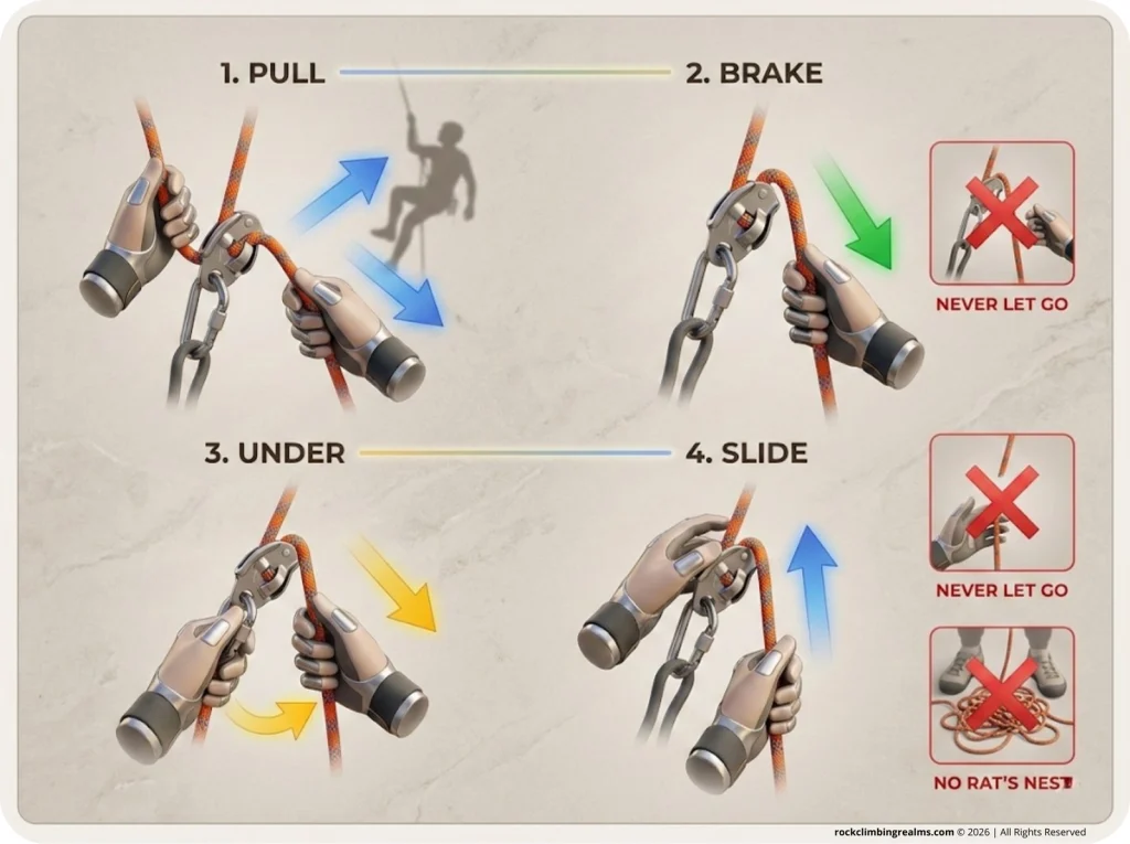 Four-panel instructional infographic demonstrating the P-BUS belay technique (Pull, Brake, Under, Slide) with red X marks on common mistakes.