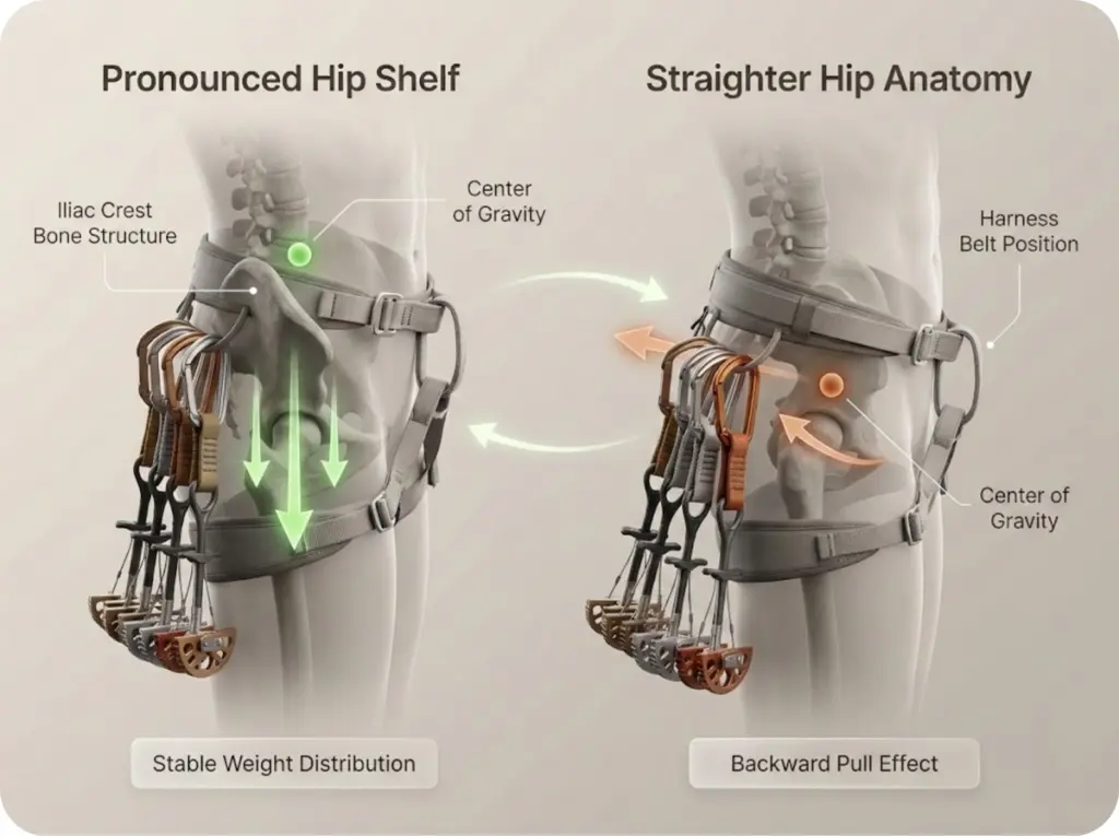 Anatomical climbing infographic comparing rack weight distribution on two different body types, showing hip shelf anatomy and center of gravity shifts with gear-loaded harnesses.