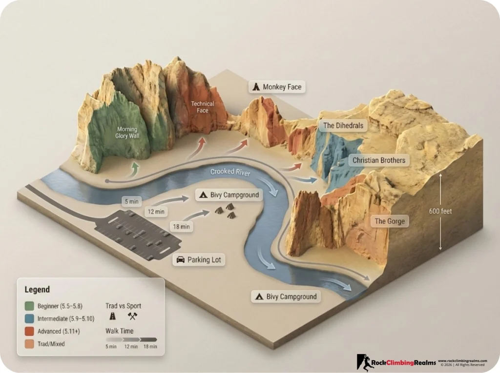 Bird's-eye view map of Smith Rock State Park showing major climbing areas color-coded by difficulty range, with trail approaches, Crooked River, parking, and estimated walk times.