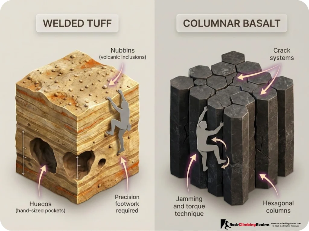 Geological cross-section comparison of Smith Rock's welded tuff with nubbins and huecos versus columnar basalt with crack systems, showing climbing technique differences.