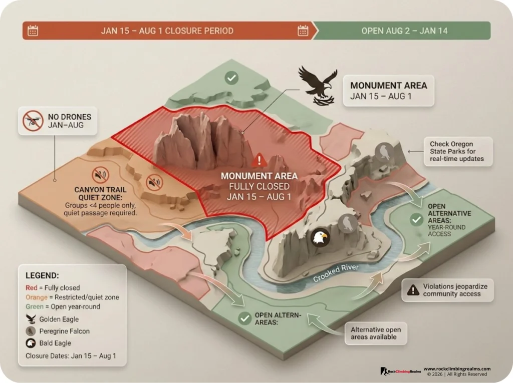 Smith Rock overlay map showing seasonal raptor closure areas from January 15 to August 1, with nesting sites for Golden Eagles, Peregrine Falcons, and Bald Eagles, quiet zones, and alternative open climbing areas.